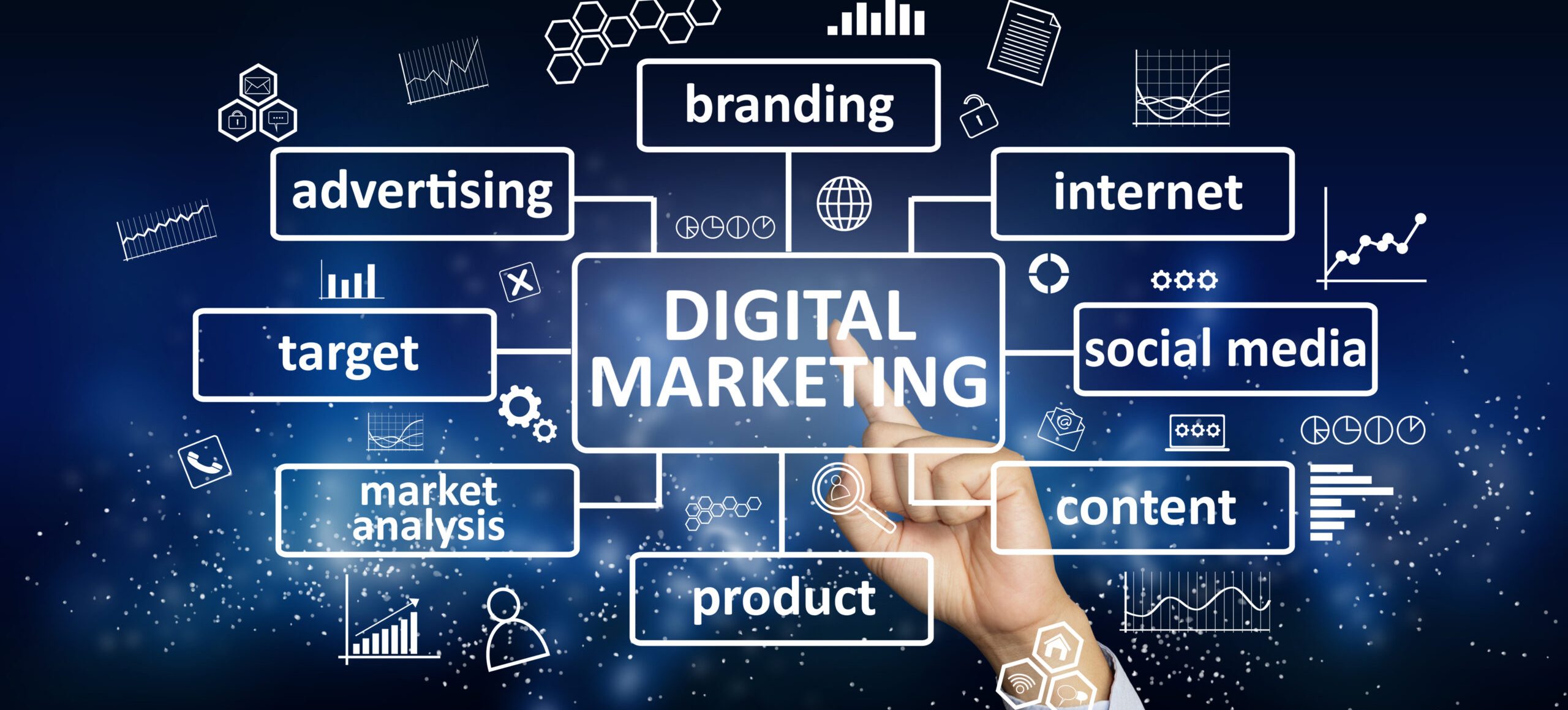 Business concept. Businessman click digital marketing button on virtual screen. Text typography design